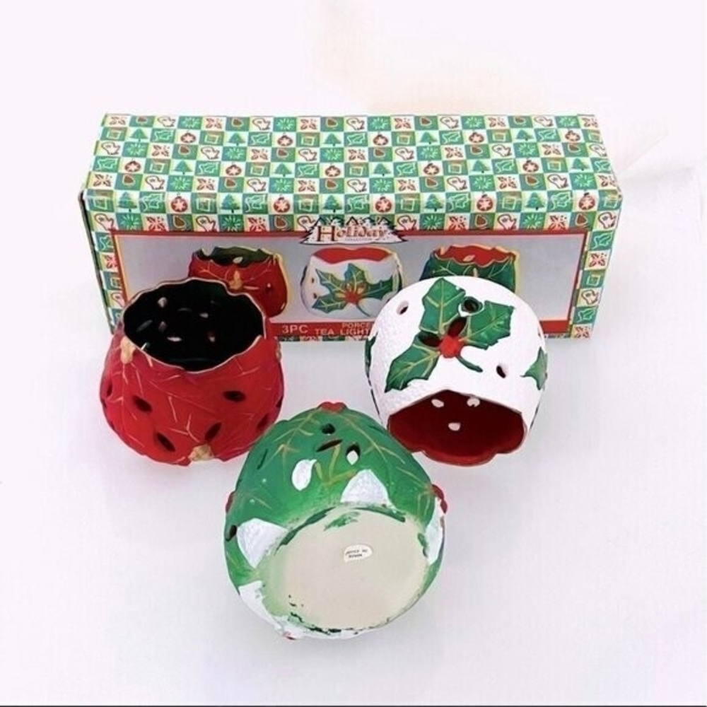 Holiday Collection Bright & Joyful 3-Pc Tea Light Holder Set Porcelain Xmas NIB - Picture 3 of 3
